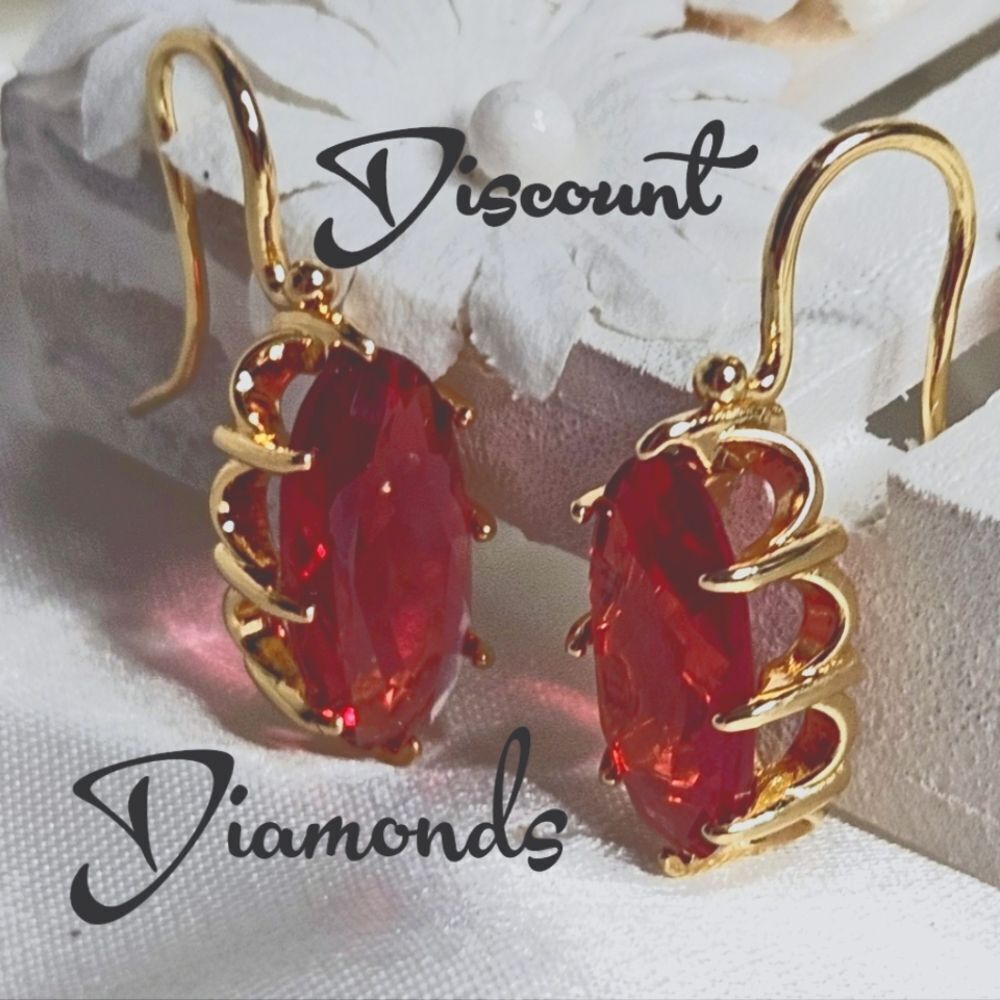 Red Oval Ruby Hook Earrings 14K Gold on 925
